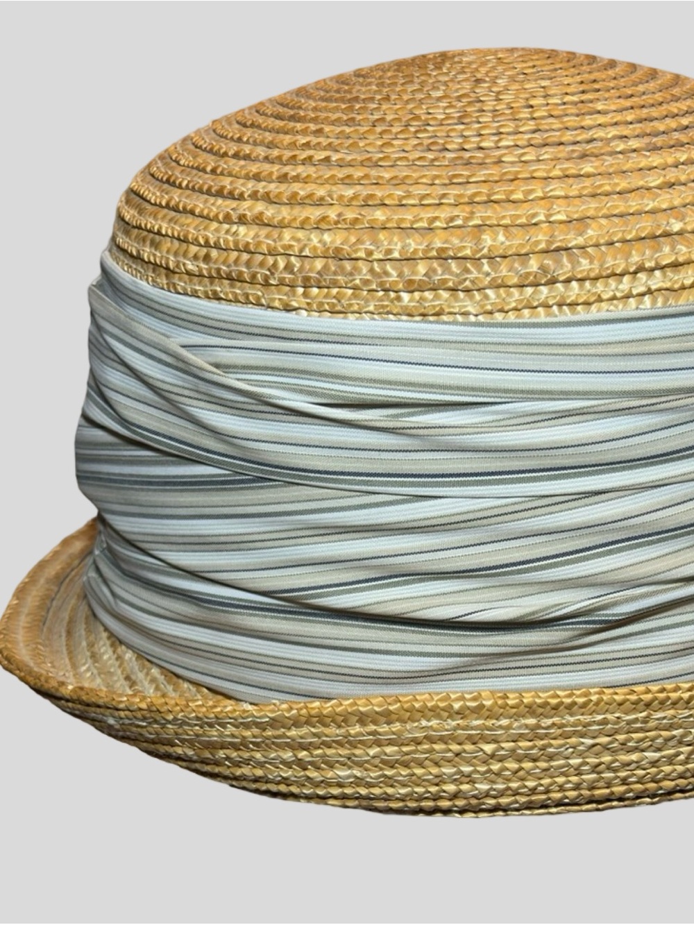 Betmar New York Vintage Straw Cloche Bowler Hat Striped Ban - Picture 14 of 16
